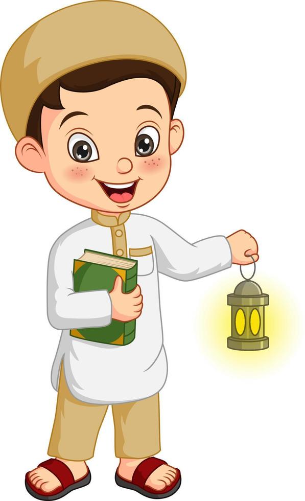 Cartoon muslim boy holding Quran Book with Ramadan Lantern vector