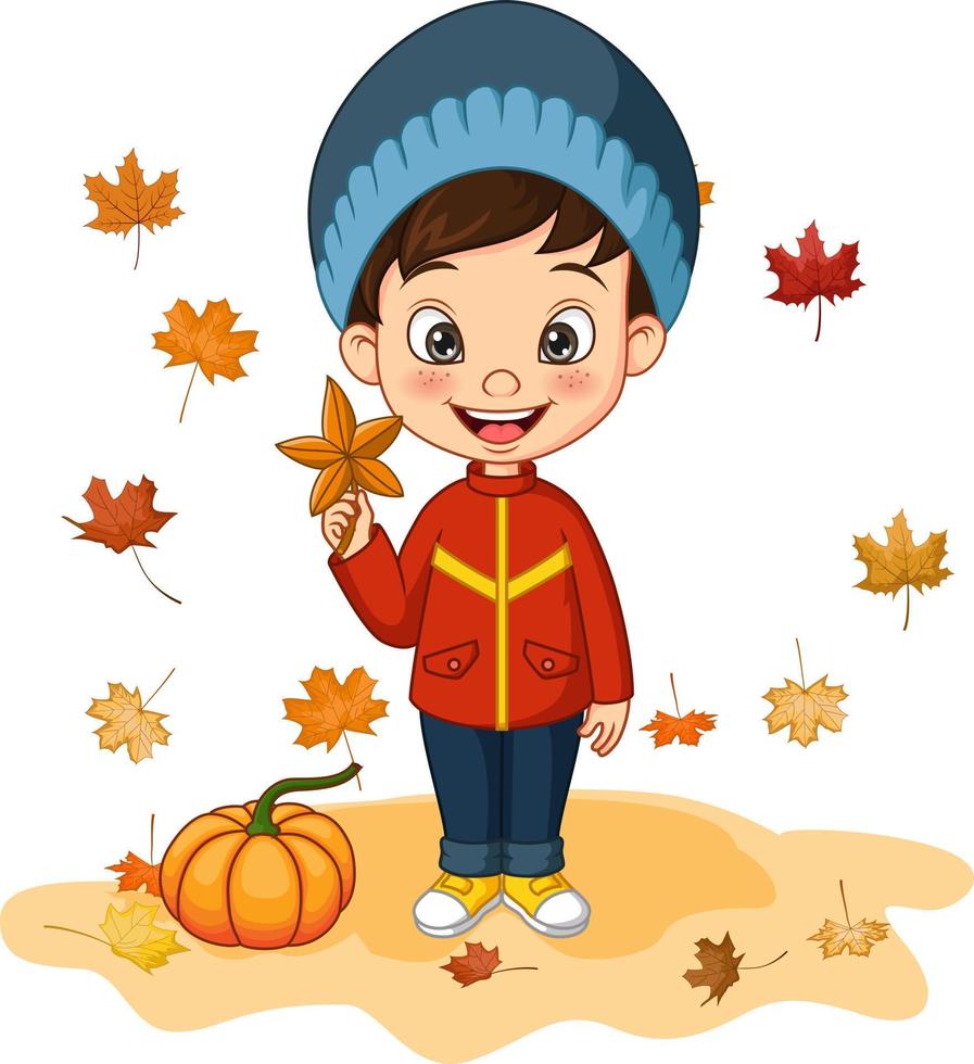 Cartoon little boy in autumn clothes and falling leaves vector
