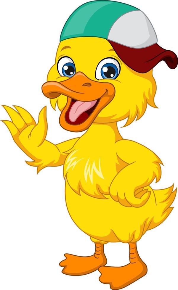 Cute baby duck cartoon wearing hat waving hand vector