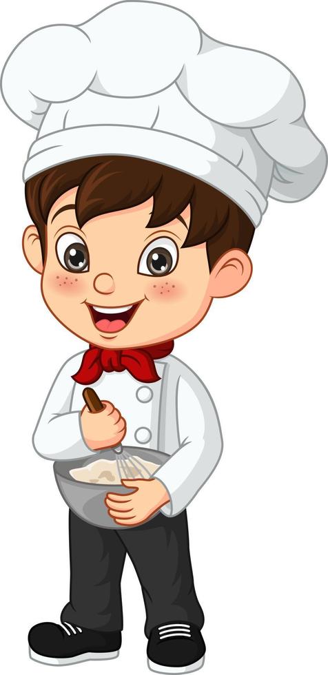 lindo niño pequeño chef cocinero mezclando ingredientes en un tazón vector