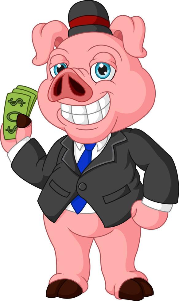 Cartoon pig rich holding a money vector