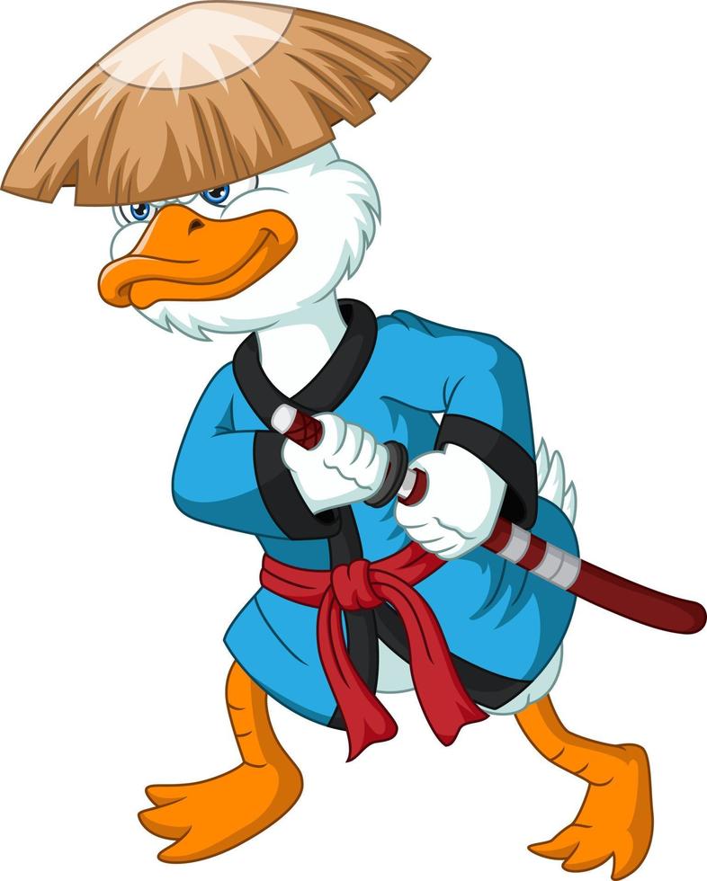 pato samurai de dibujos animados sosteniendo una espada vector