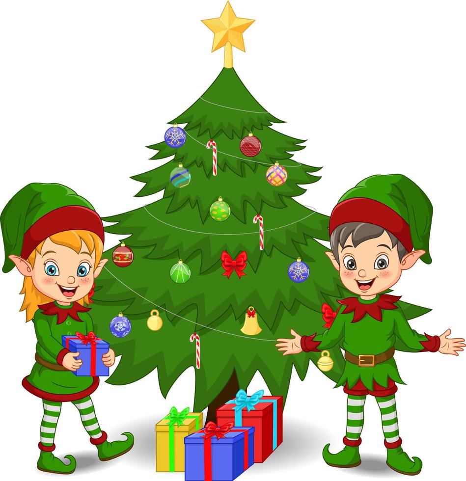 duendes de dibujos animados decorando un árbol de navidad vector