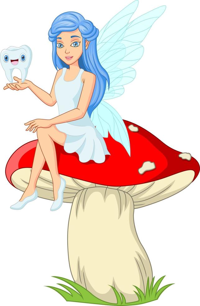 Cartoon little tooth fairy sitting with a tooth on the mushroom vector