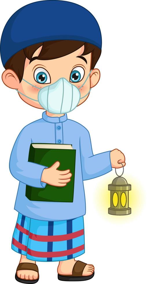 Cartoon muslim boy holding Quran Book with Ramadan Lantern wearing mask vector