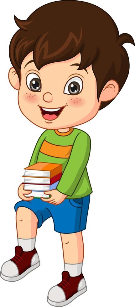 Happy cute little boy holding stack of books vector