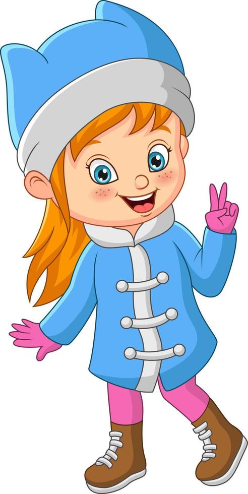 Cute little girl in winter clothes with peace hand sign vector