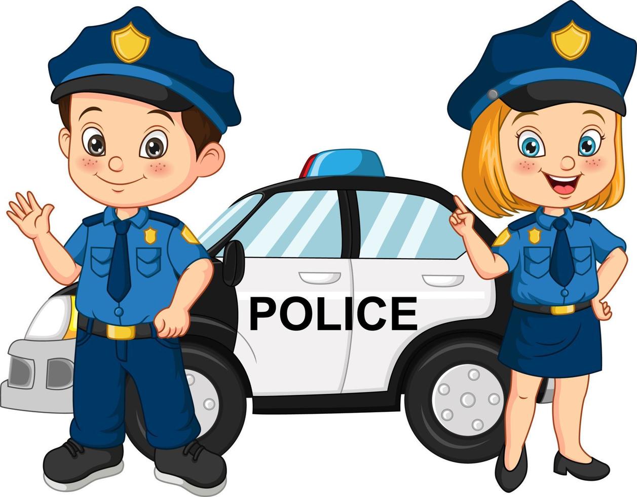 niños de la policía de dibujos animados de pie cerca del coche de policía  5112553 Vector en Vecteezy