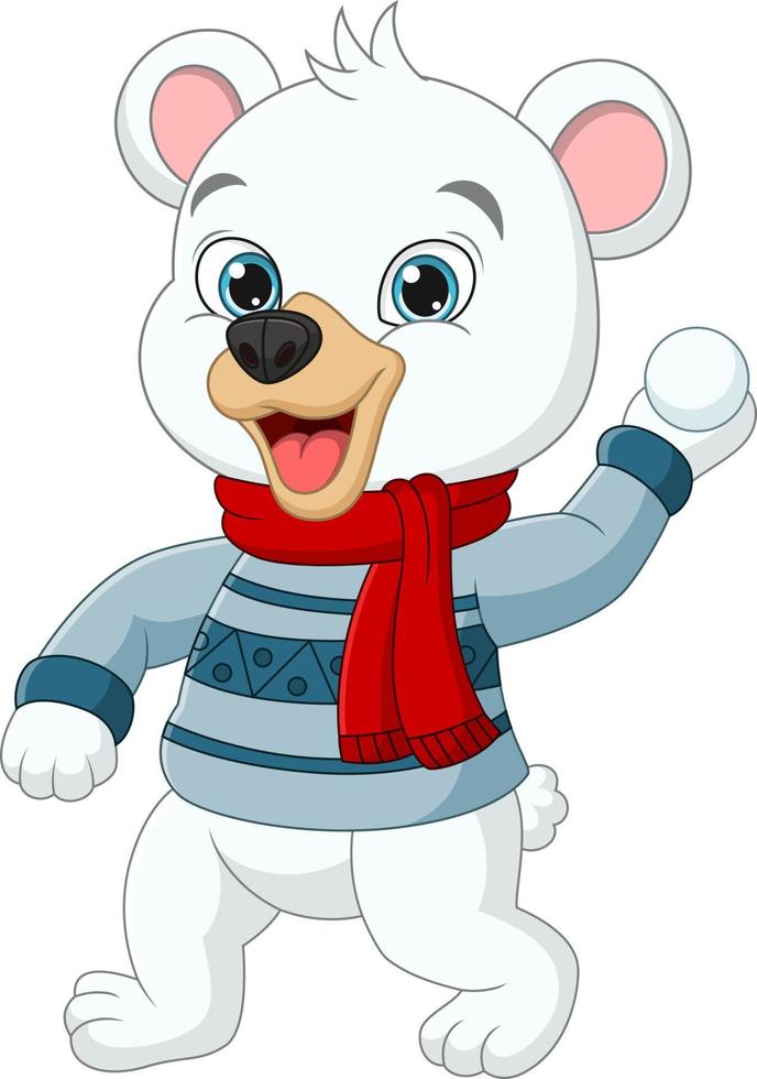 Cartoon polar bear in winter clothes throwing snowball vector