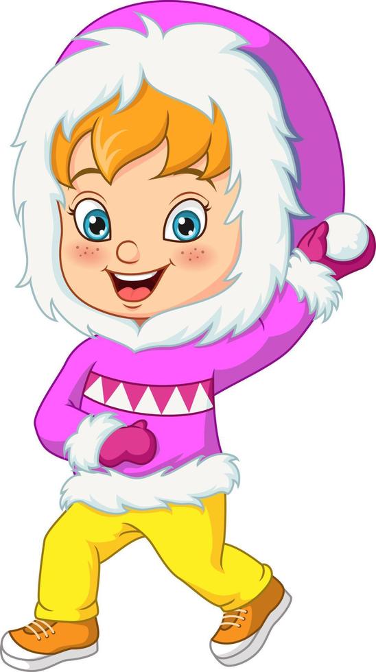 Cute little girl in winter clothes throwing snowball vector