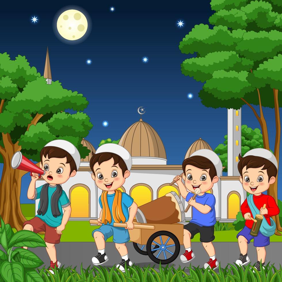 Happy muslim kid celebrating Eid mubarak with hitting drum, kentongan and megaphone vector