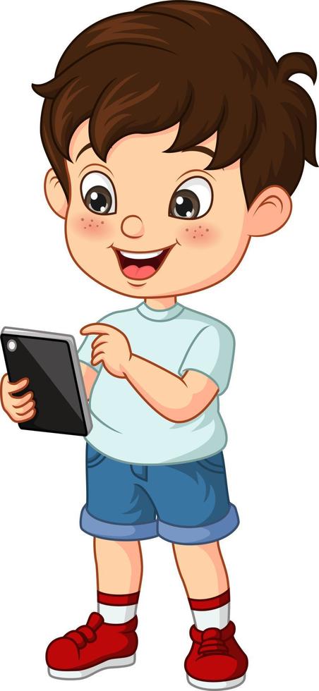 Cartoon little boy with mobile phone vector