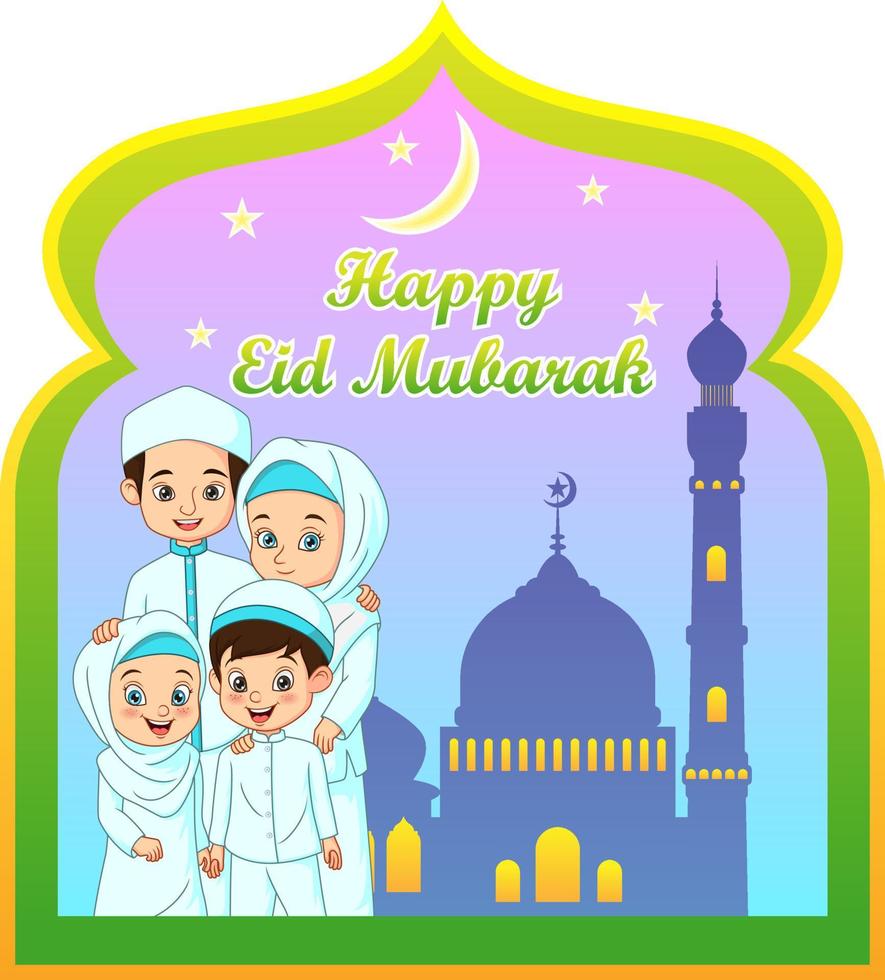 Eid Mubarak greeting card template. Happy family muslim cartoon vector