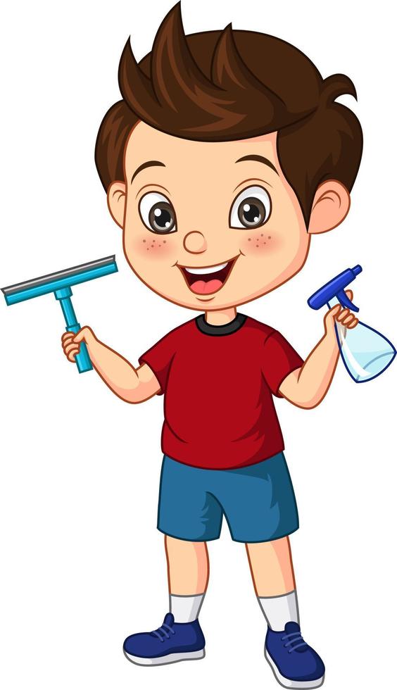 Cartoon little boy holding spray and squeegee vector