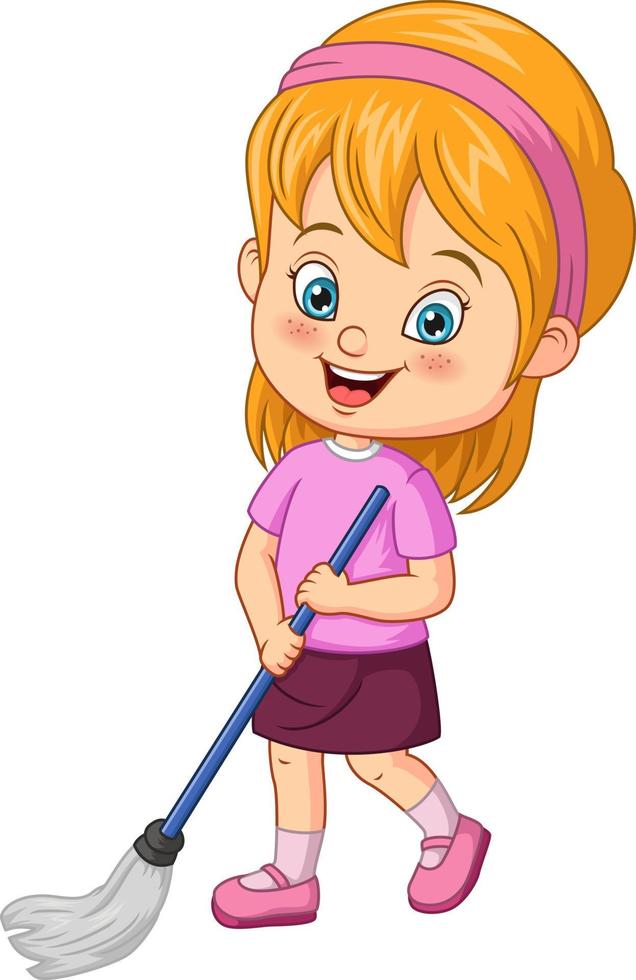 Cartoon little girl mopping the floor vector