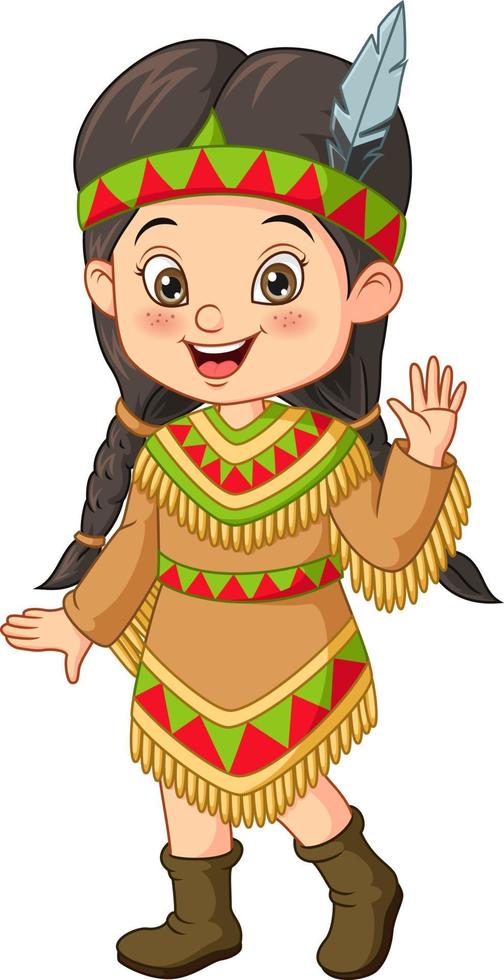 Cartoon little girl wearing american indian costume vector