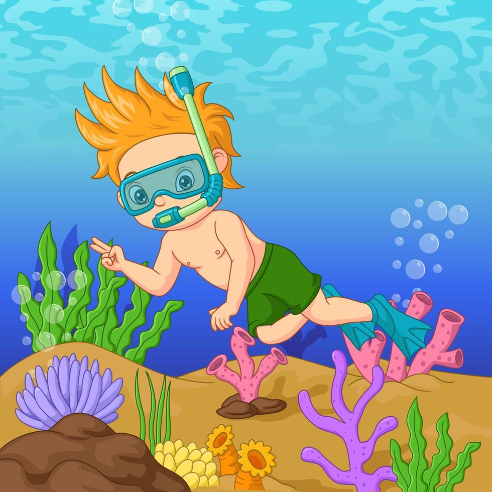 Cartoon little boy wearing diving mask swims underwater vector