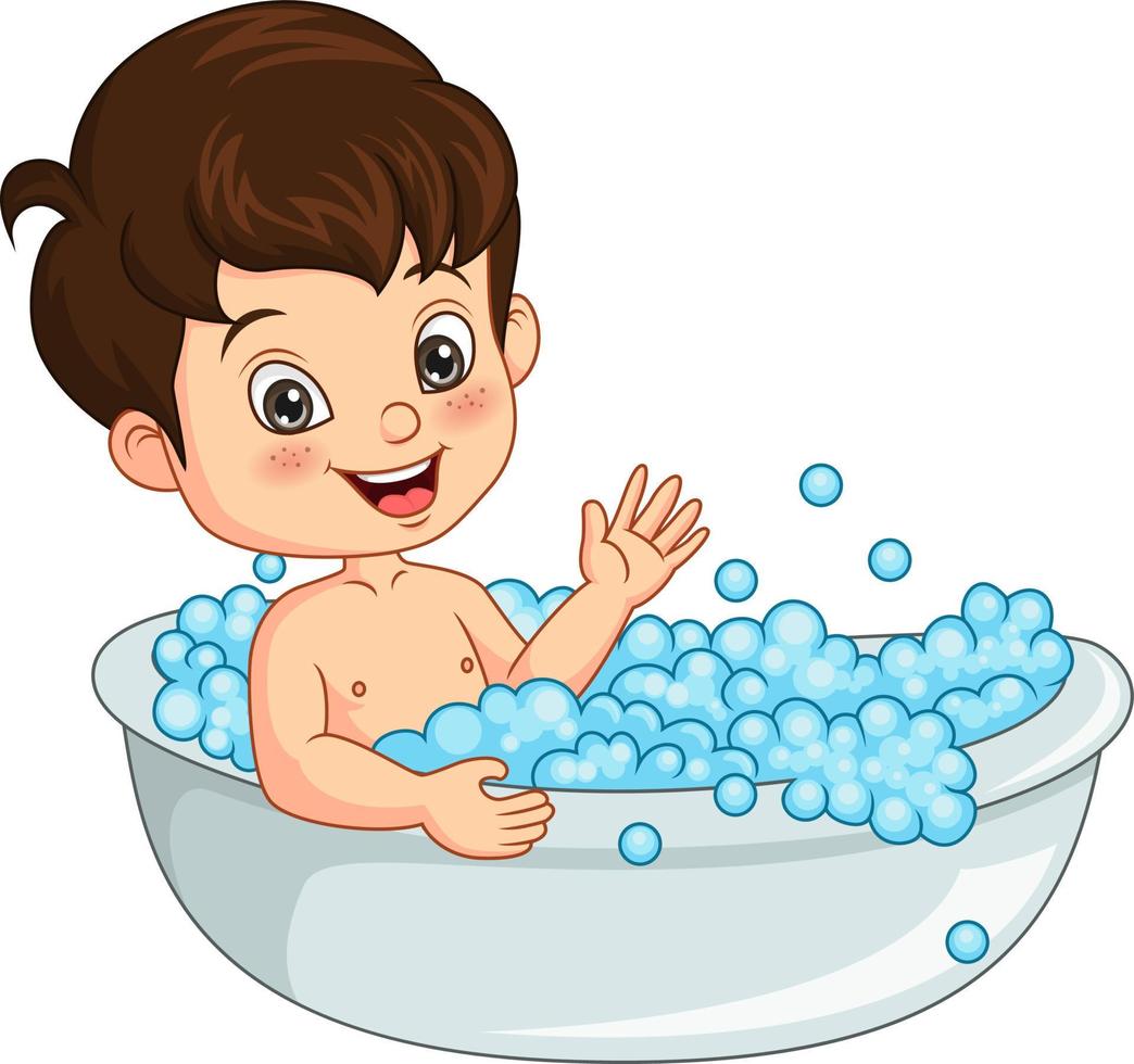 Cute little boy taking a bath in bathtub vector