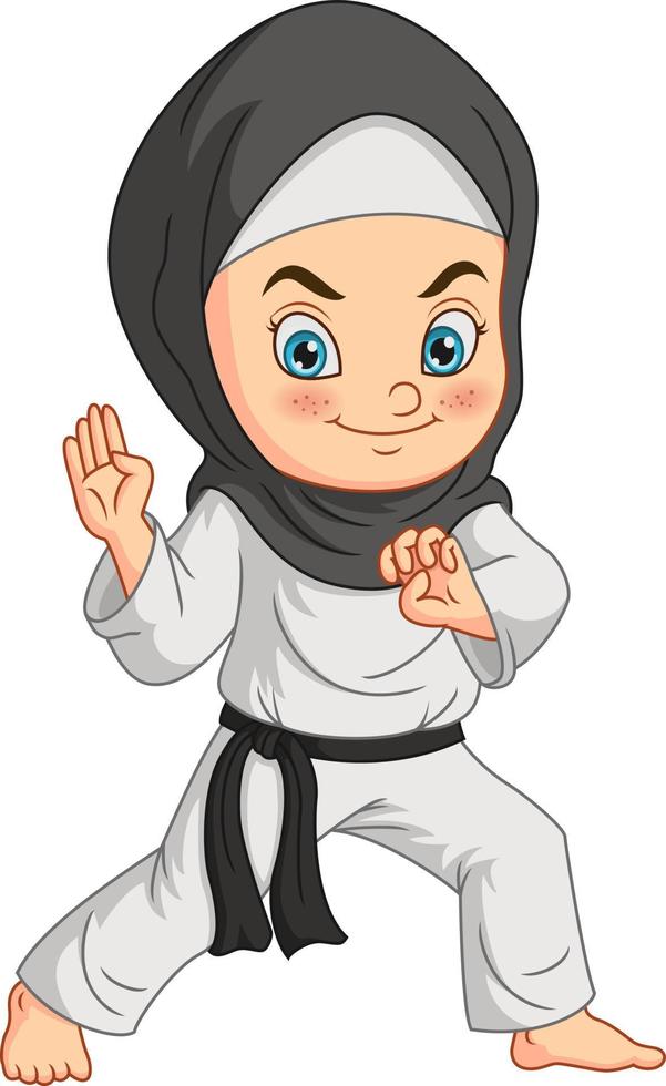 Cartoon muslim girl doing practicing karate vector