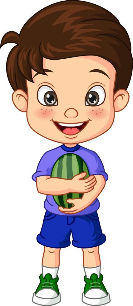 Cartoon little boy holding a watermelon vector