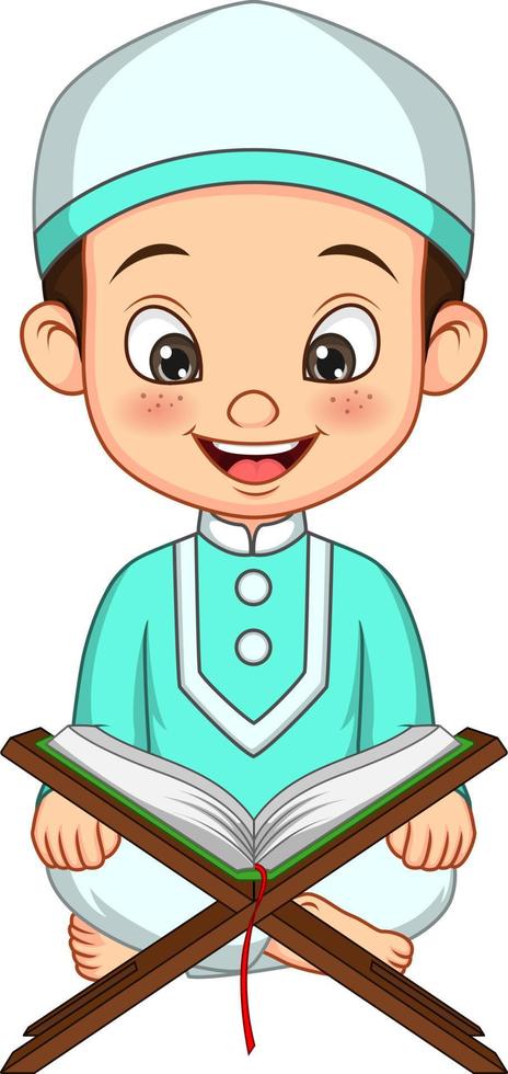Cartoon muslim boy reading Quran vector
