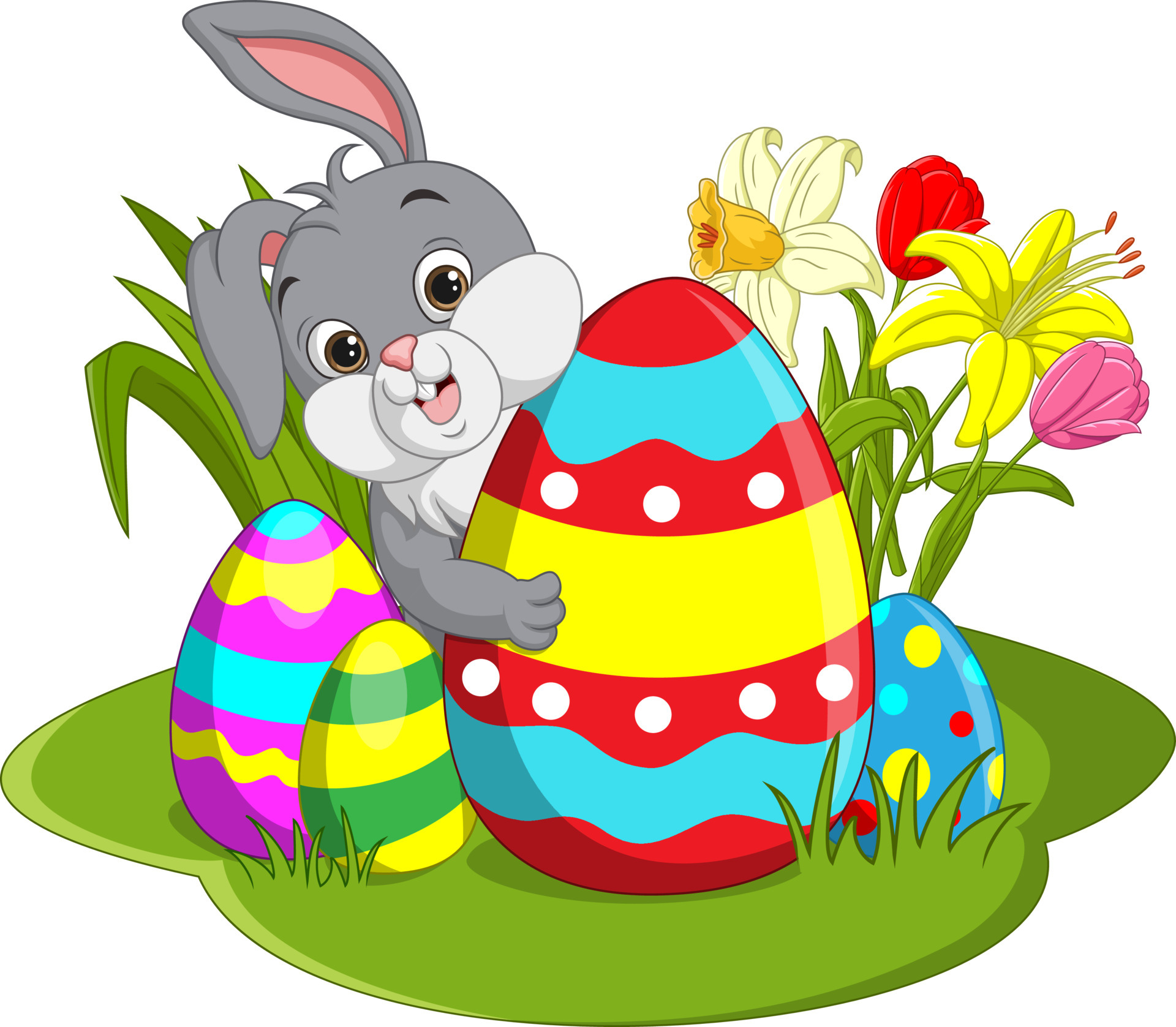 Happy Easter. Cute Easter bunny with huge eggs in the grass 5112654 Vector  Art at Vecteezy