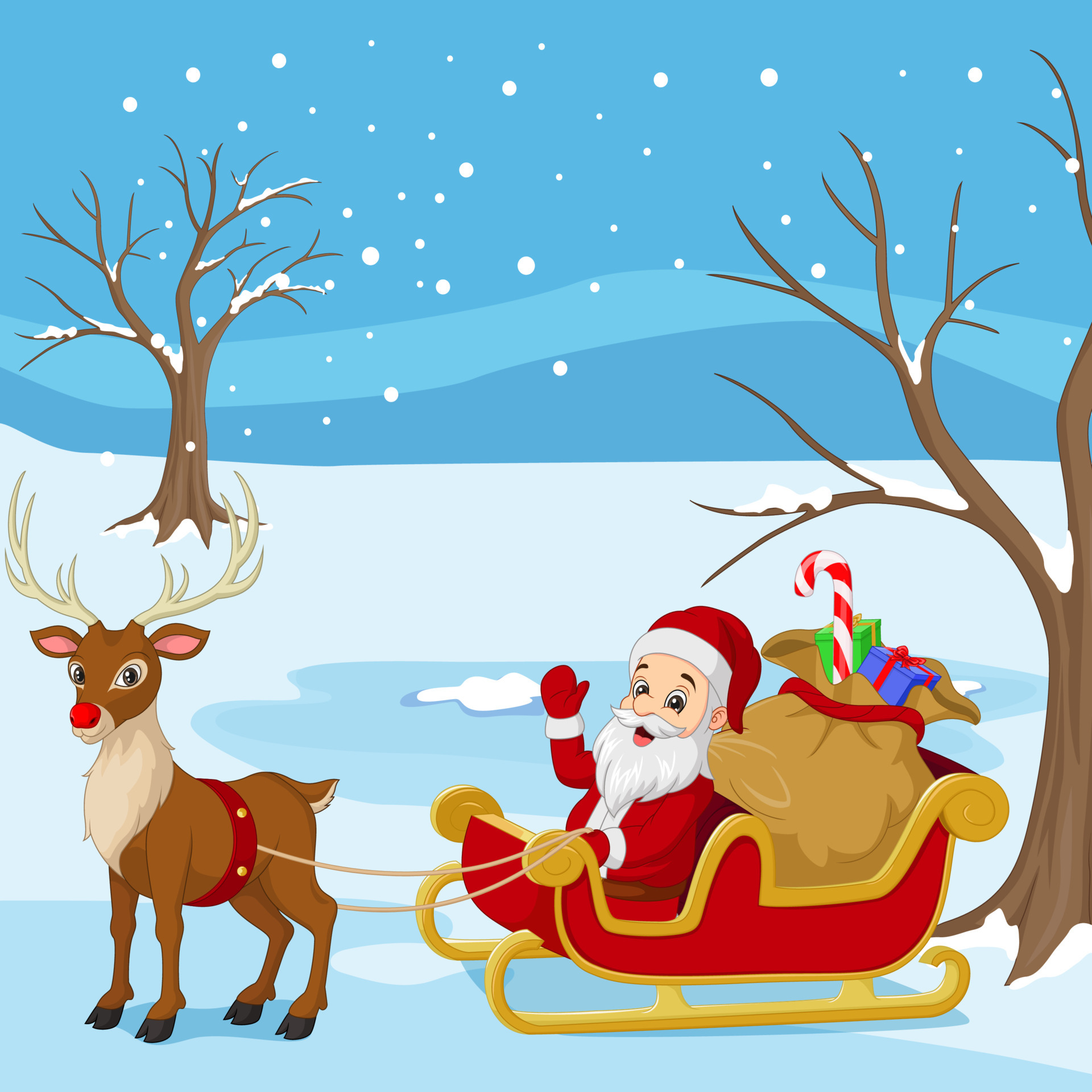 Cartoon santa claus rides in sleigh carrying a sack of gifts with reindeer  5112662 Vector Art at Vecteezy