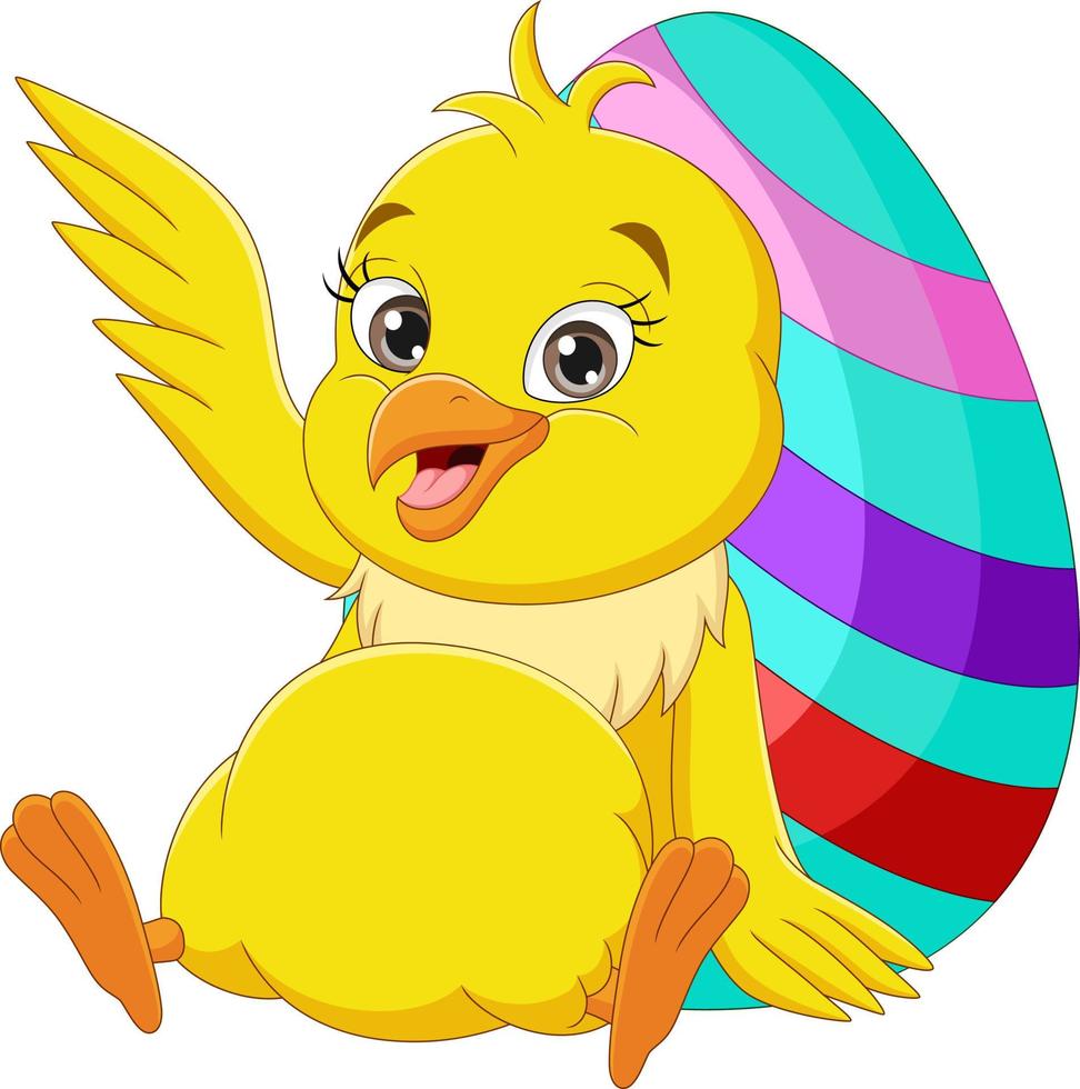 Happy baby chick with Easter eggs vector