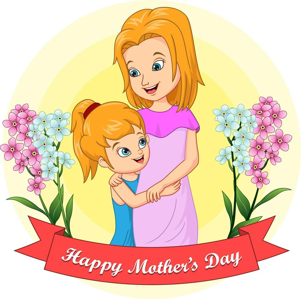 Happy mother's day card. Cute little girl hugging her mother vector