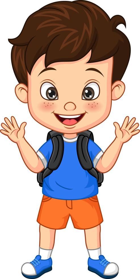 Cartoon happy school boy waving hand vector