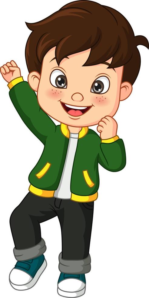 Cartoon happy little boy in green jacket vector