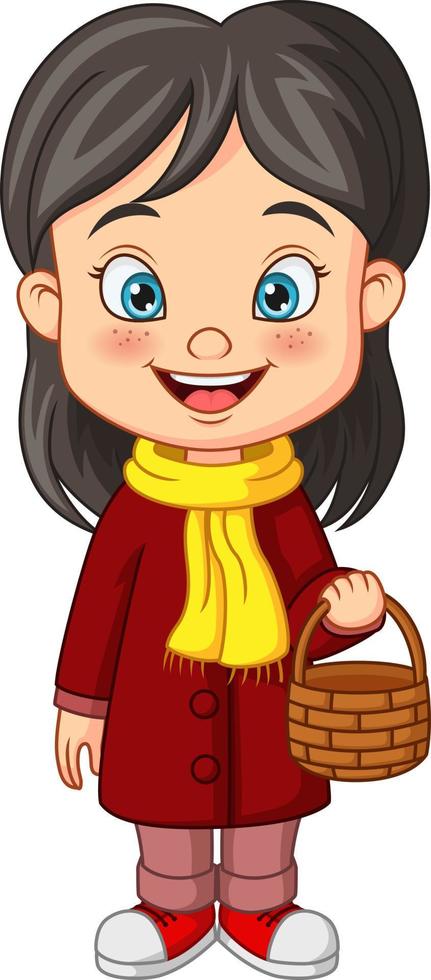 Cartoon little girl in autumn clothes holding basket vector
