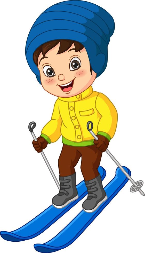 Cute little boy skiing in winter clothes vector