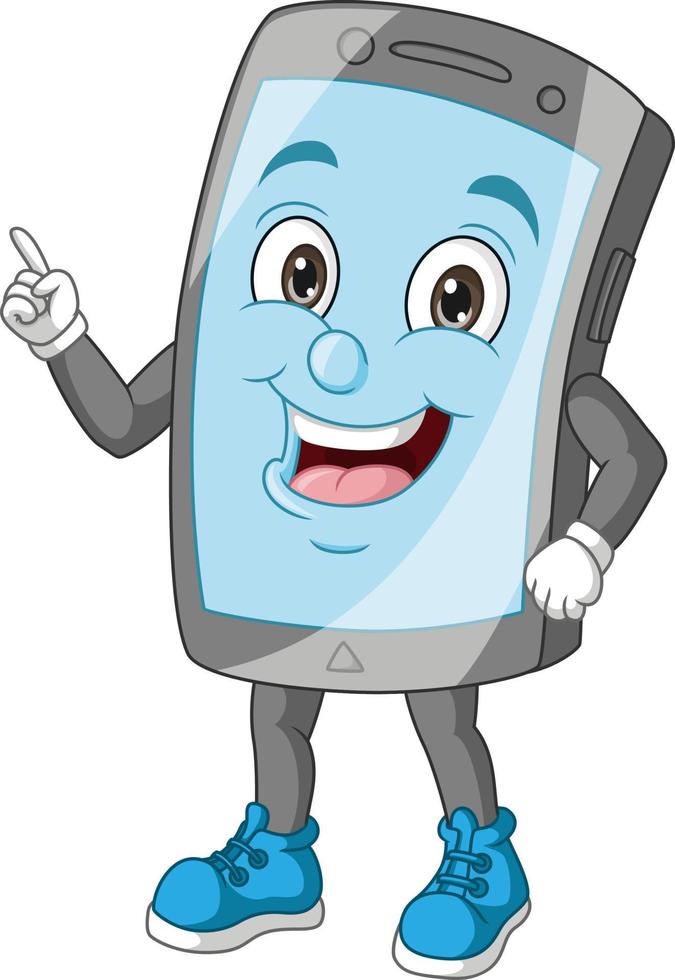 Cartoon mobile phone mascot pointing up vector