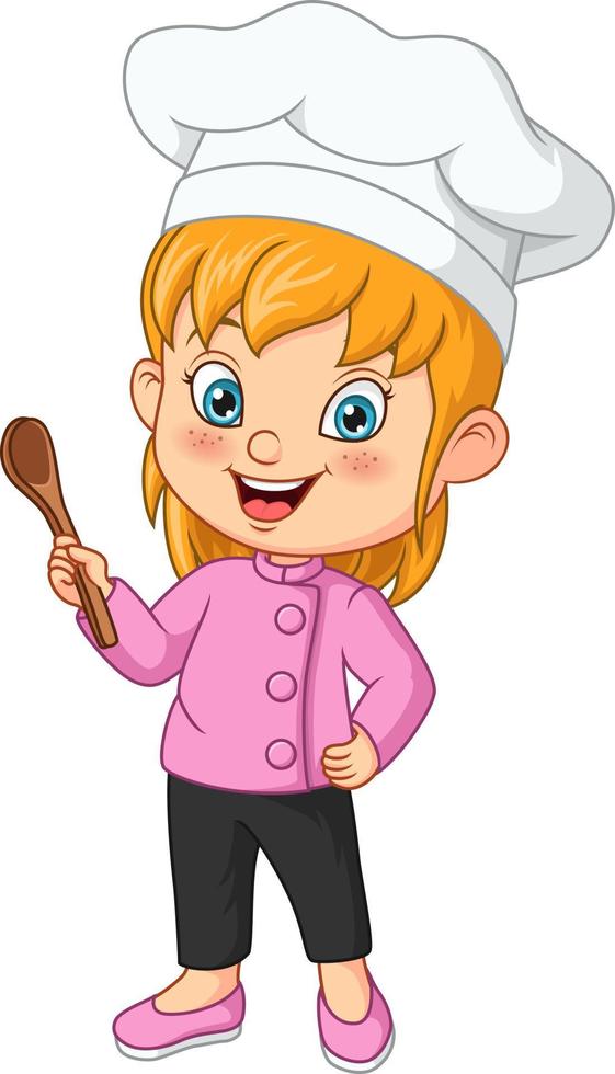 linda niña chef sosteniendo una cuchara de cocina vector