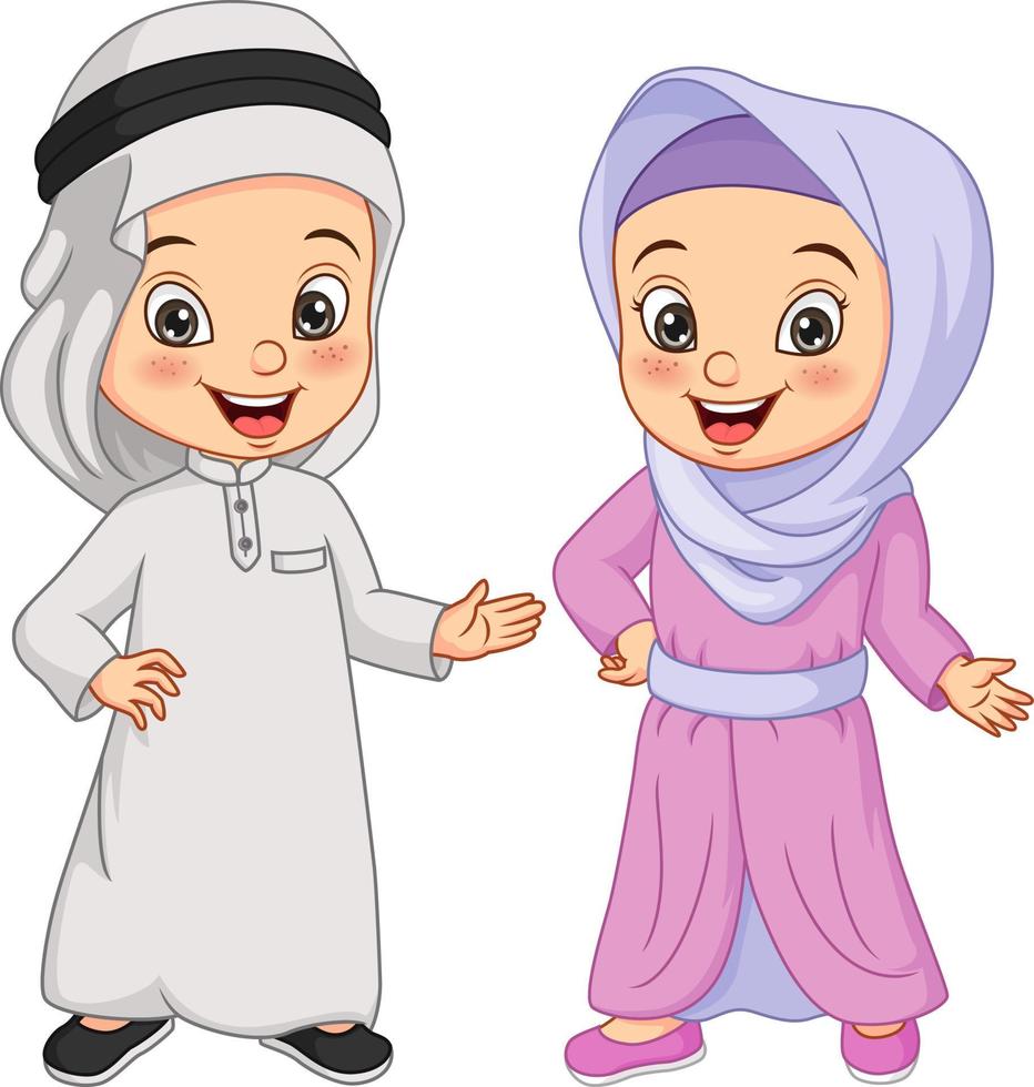 dibujos animados felices niños árabes musulmanes vector