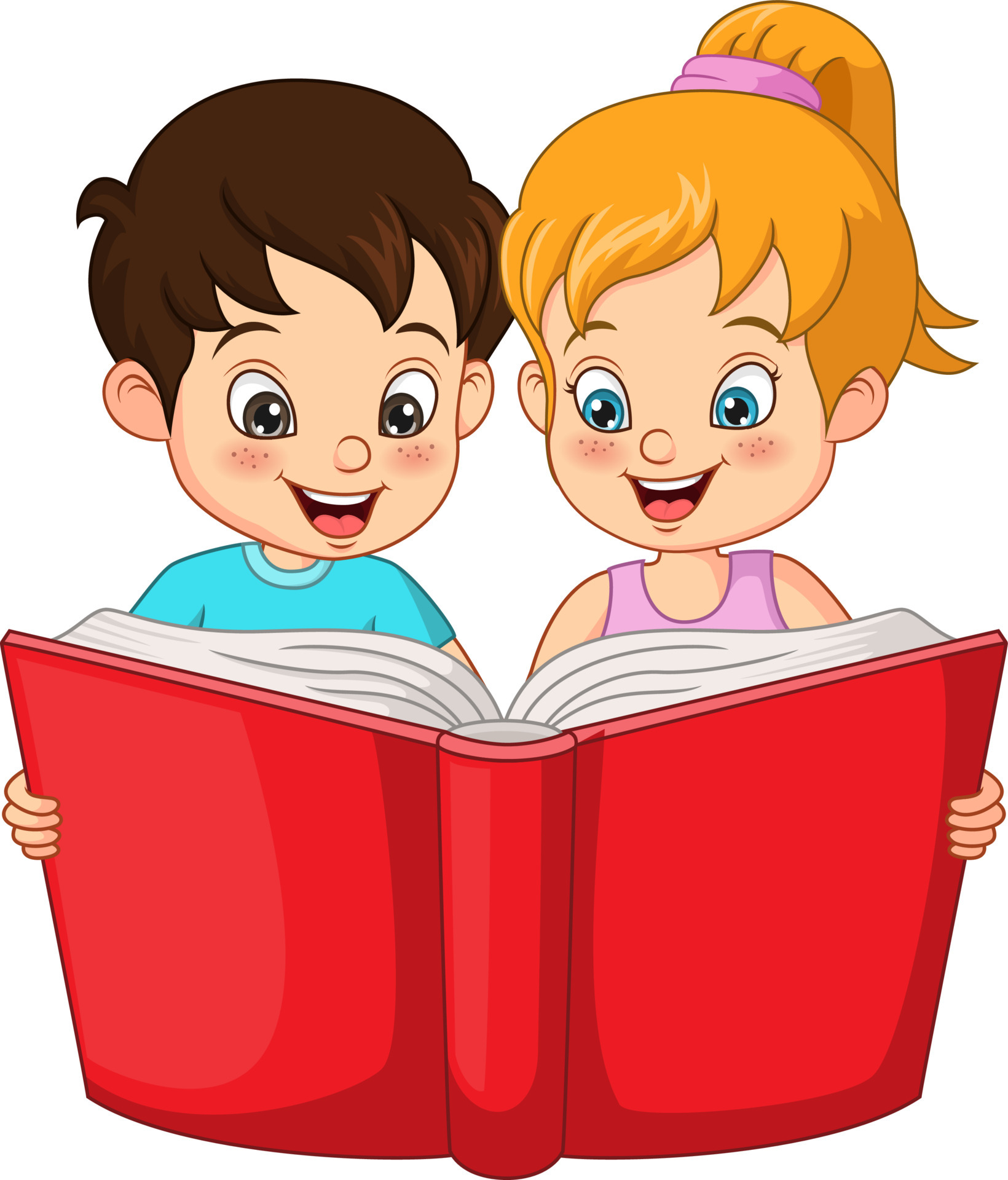 Cute little boy and girl students reading a book 5112728 Vector Art at ...