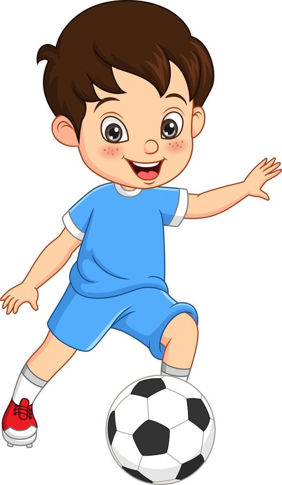 niño pequeño de dibujos animados jugando al fútbol vector