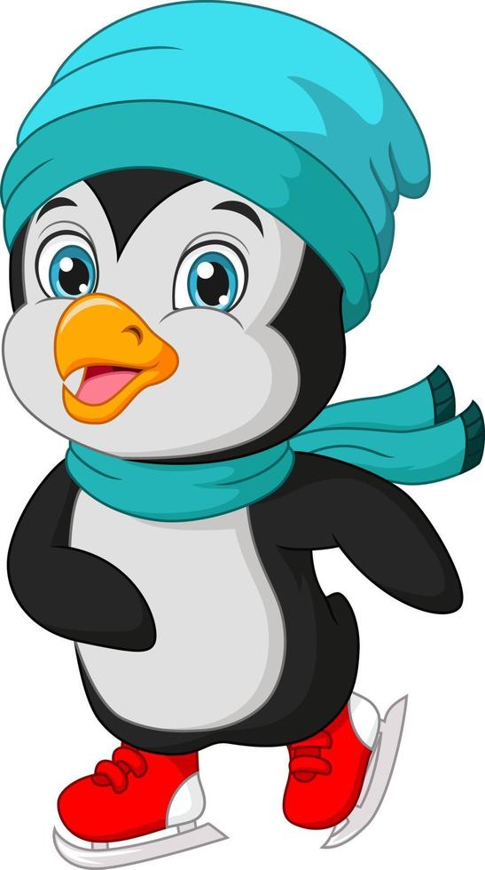 pequeño pingüino lindo jugando patinaje sobre hielo vector