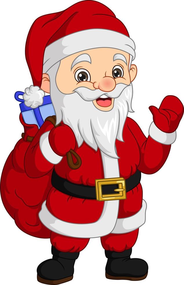 Cartoon santa claus with bag waving hand vector