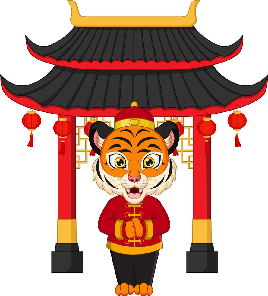 Cartoon happy tiger standing in front chinese gate vector