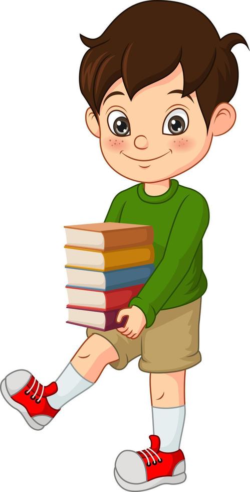 niño pequeño lindo feliz que sostiene la pila de libros vector