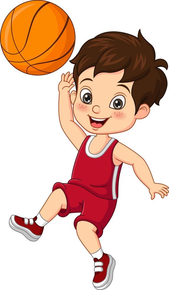 Cartoon funny little boy playing basketball vector