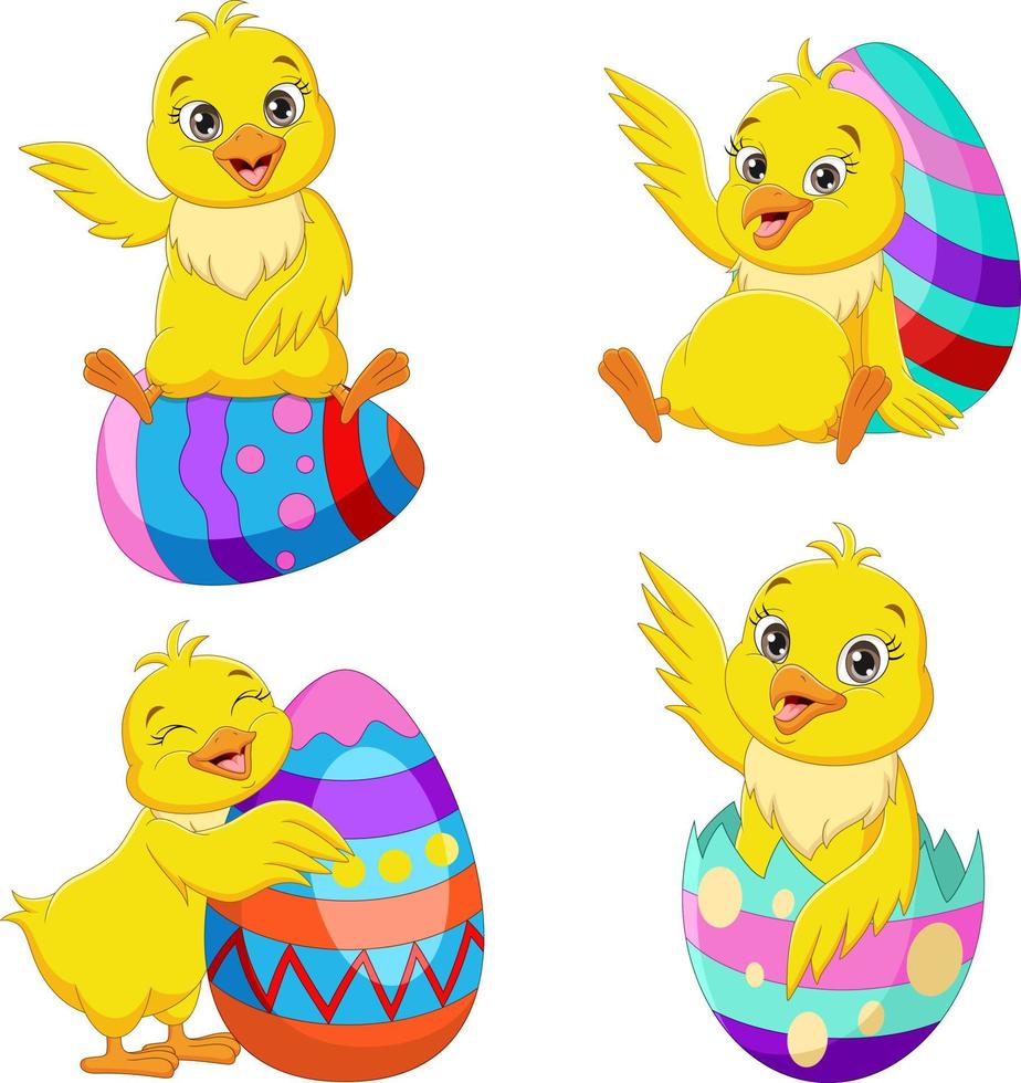 Collection of cartoon Easter chick with eggs vector