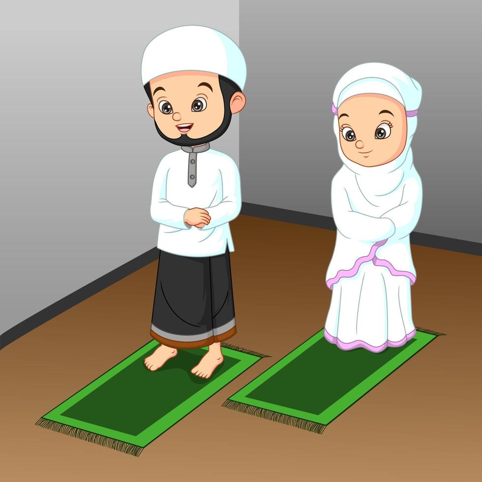 Cartoon muslim men and women praying vector