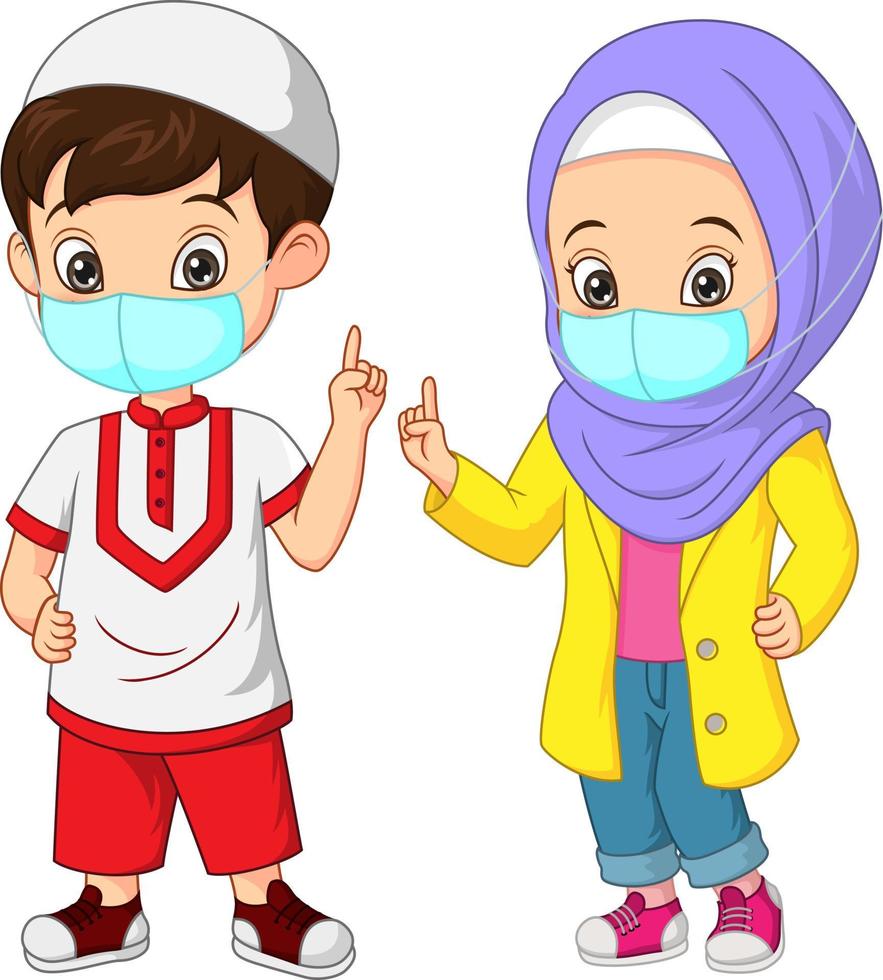 Happy muslim kid cartoon wearing face mask vector
