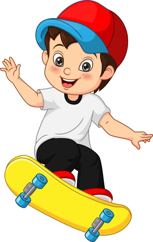 niño feliz jugando patineta vector