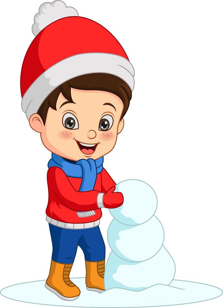 Cartoon boy in winter clothes building snowman vector