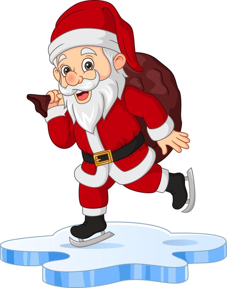 Cartoon santa claus with sack playing ice skating vector