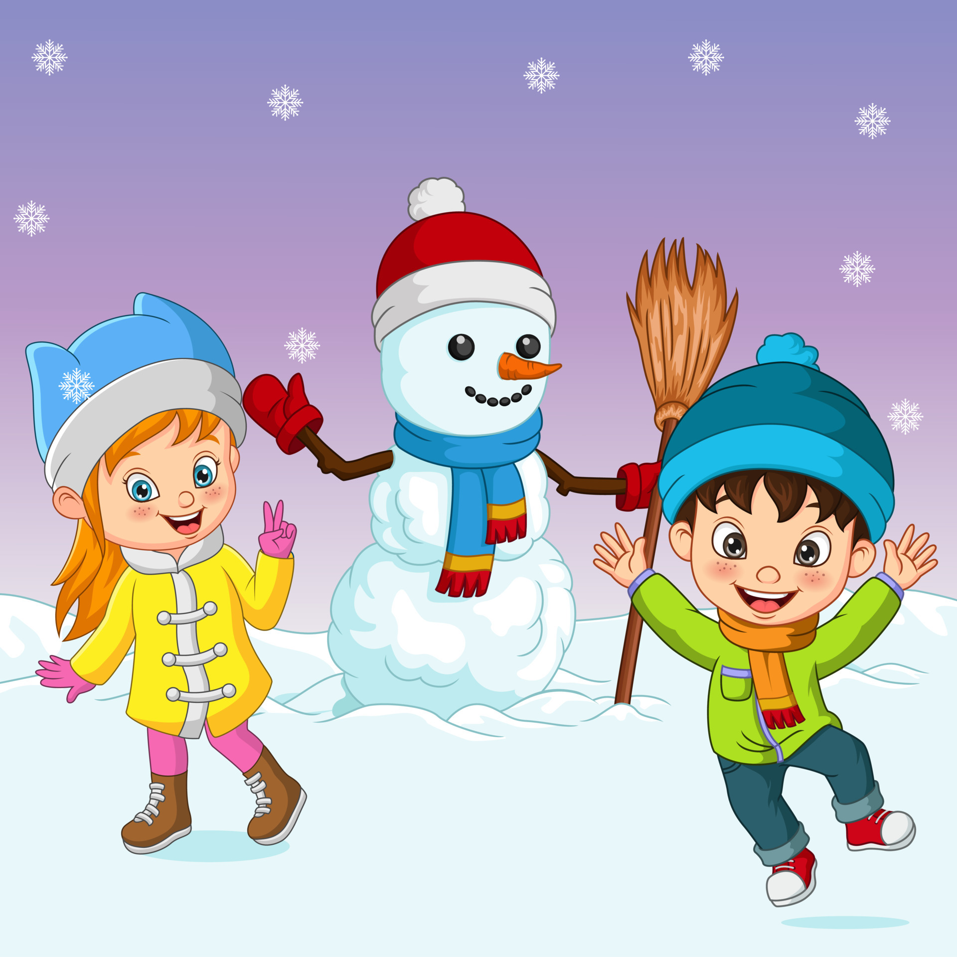 Cartoon little kids playing in the snow with snowman 5112785 Vector Art at  Vecteezy